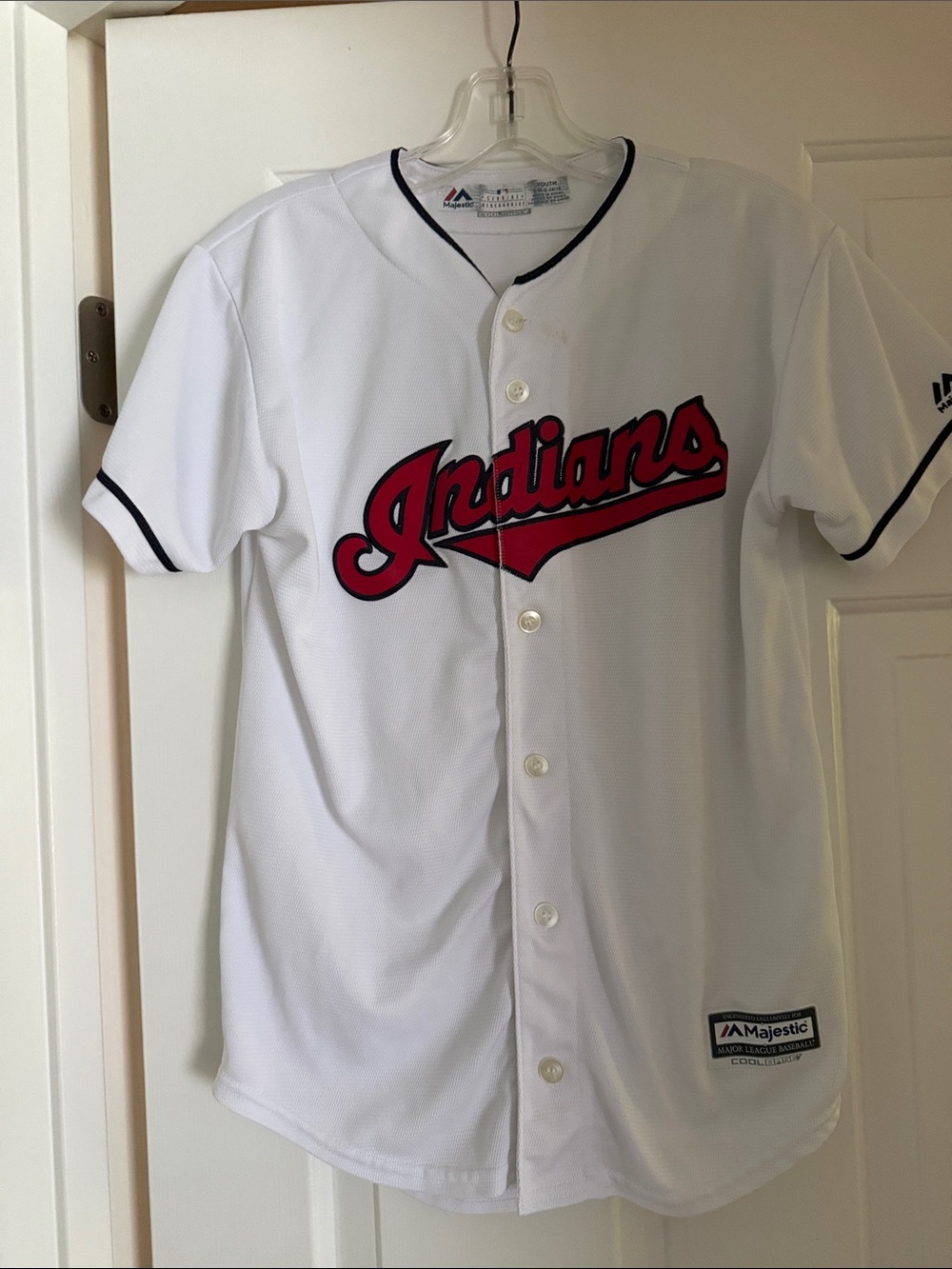 Majestic White Kids Indians Button-Front Baseball Jersey with Red Script